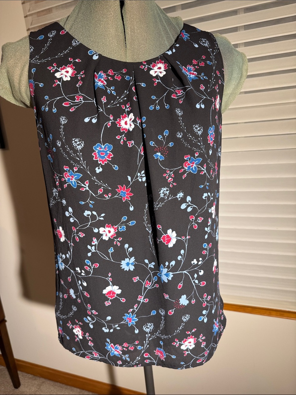 LOFT Black Floral Pleated Shell with Pink & Blue Blooms
